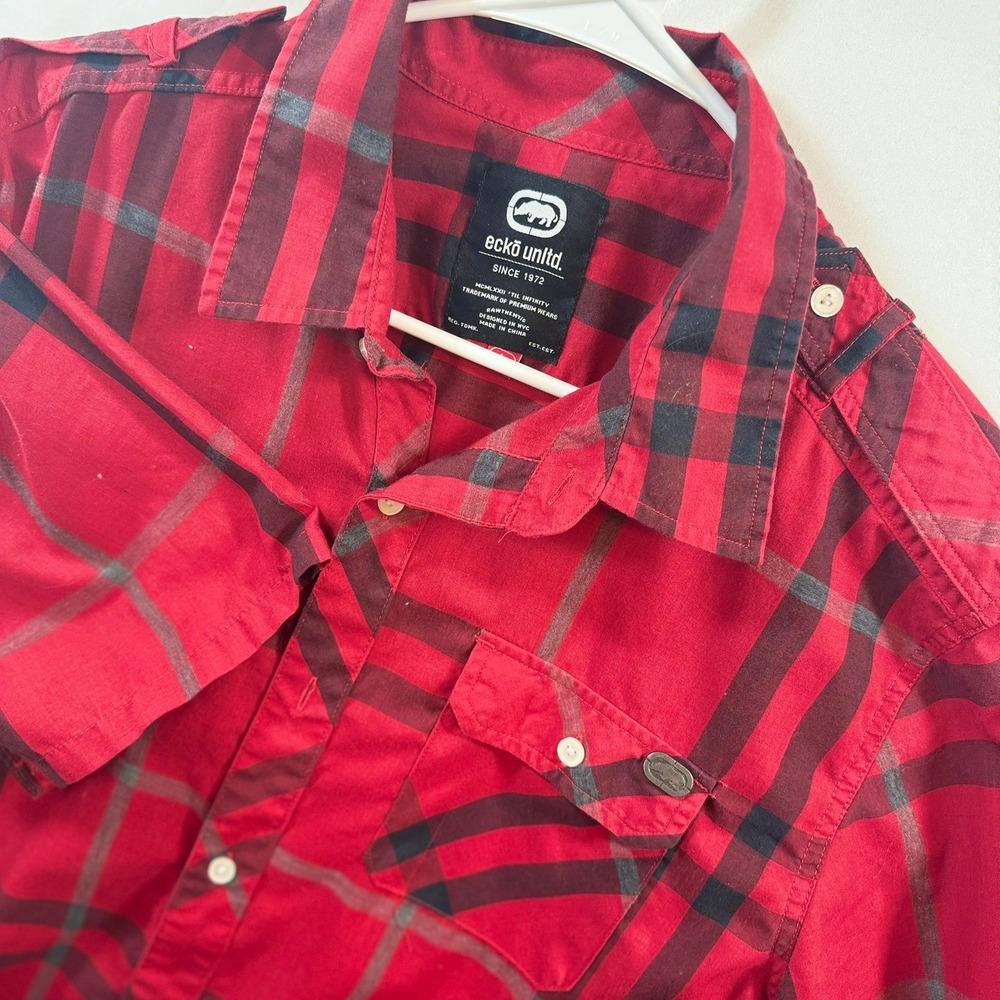 Ecko Unltd‎ Mens Red Black Plaid Short Sleeve Button Down Shirt Large Rhino Logo